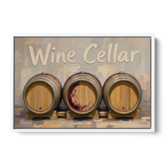 Wine Cellar Sign with Three Oak Barrels - White Framed Canvas Wall Art - Front