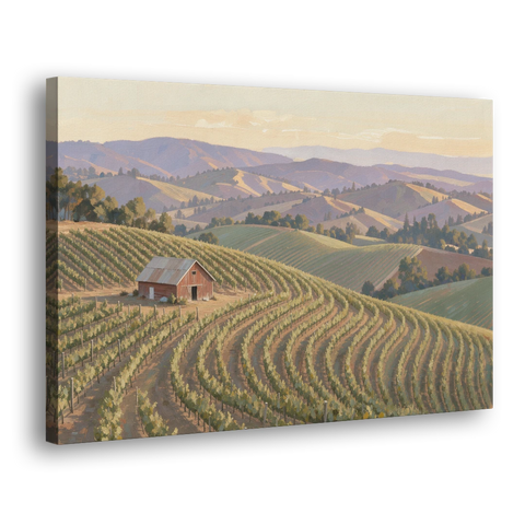 Wine Country Decor with Red Barn on Sonoma Hills - Canvas Wall Art - Side