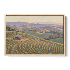 Wine Country Decor with Red Barn on Sonoma Hills - Oak Framed Canvas Wall Art - Front