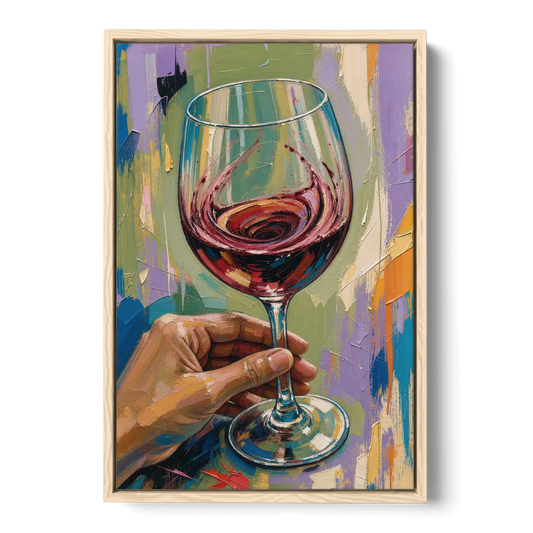 Wine Painting of a Swirling Red Glass - Oak Framed Canvas Wall Art - Front
