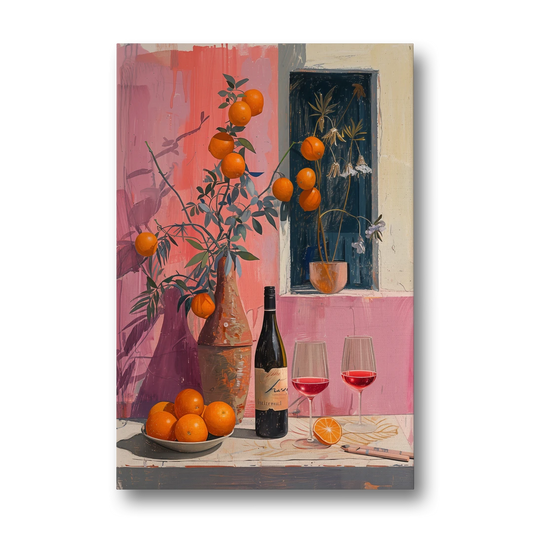 Wine Painting with Oranges on Pink - Canvas Wall Art - Front