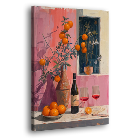Wine Painting with Oranges on Pink - Canvas Wall Art - Side