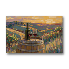 Wine Themed Wall Decor with Barrel at Sunset - Canvas Wall Art - Front