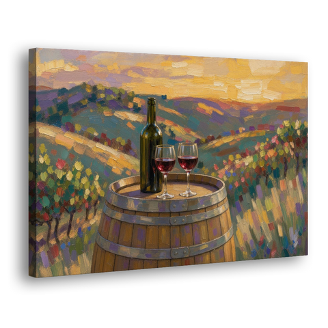 Wine Themed Wall Decor with Barrel at Sunset - Canvas Wall Art - Side
