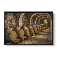 Winery Decor Oak Barrels Beneath the Stone Vault - Black Framed Canvas Wall Art - Front