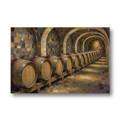 Winery Decor Oak Barrels Beneath the Stone Vault - Canvas Wall Art - Front