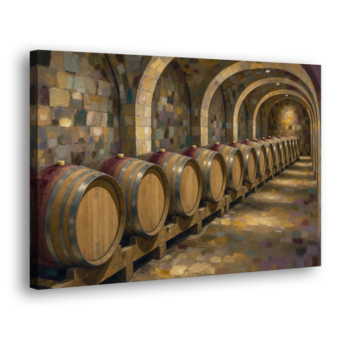 Winery Decor Oak Barrels Beneath the Stone Vault - Canvas Wall Art - Side