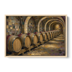 Winery Decor Oak Barrels Beneath the Stone Vault - Oak Framed Canvas Wall Art - Front