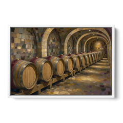 Winery Decor Oak Barrels Beneath the Stone Vault - White Framed Canvas Wall Art - Front