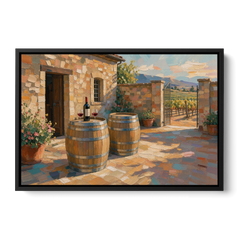 Winery Wall Art of Sunlit Barrel Tables - Black Framed Canvas Wall Art - Front