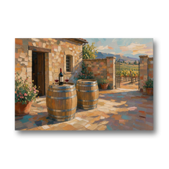 Winery Wall Art of Sunlit Barrel Tables - Canvas Wall Art - Front