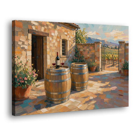Winery Wall Art of Sunlit Barrel Tables - Canvas Wall Art - Side