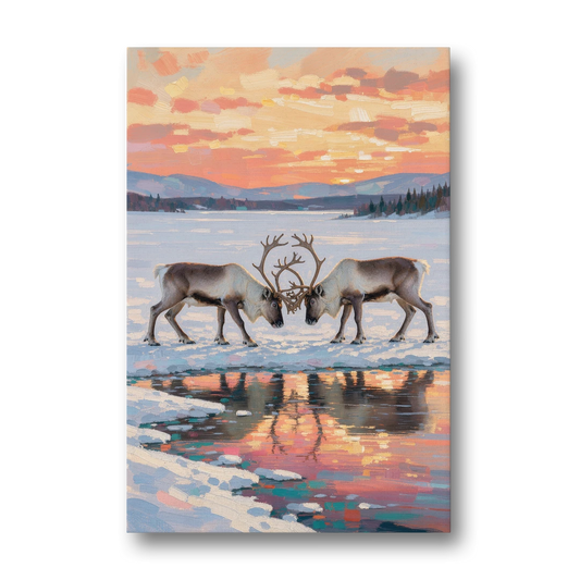 Winter Animal Painting of Sparring Reindeer - Canvas Wall Art - Front