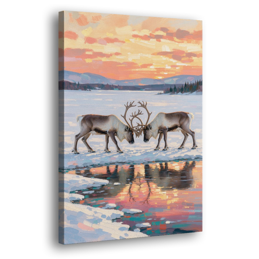 Winter Animal Painting of Sparring Reindeer - Canvas Wall Art - Side