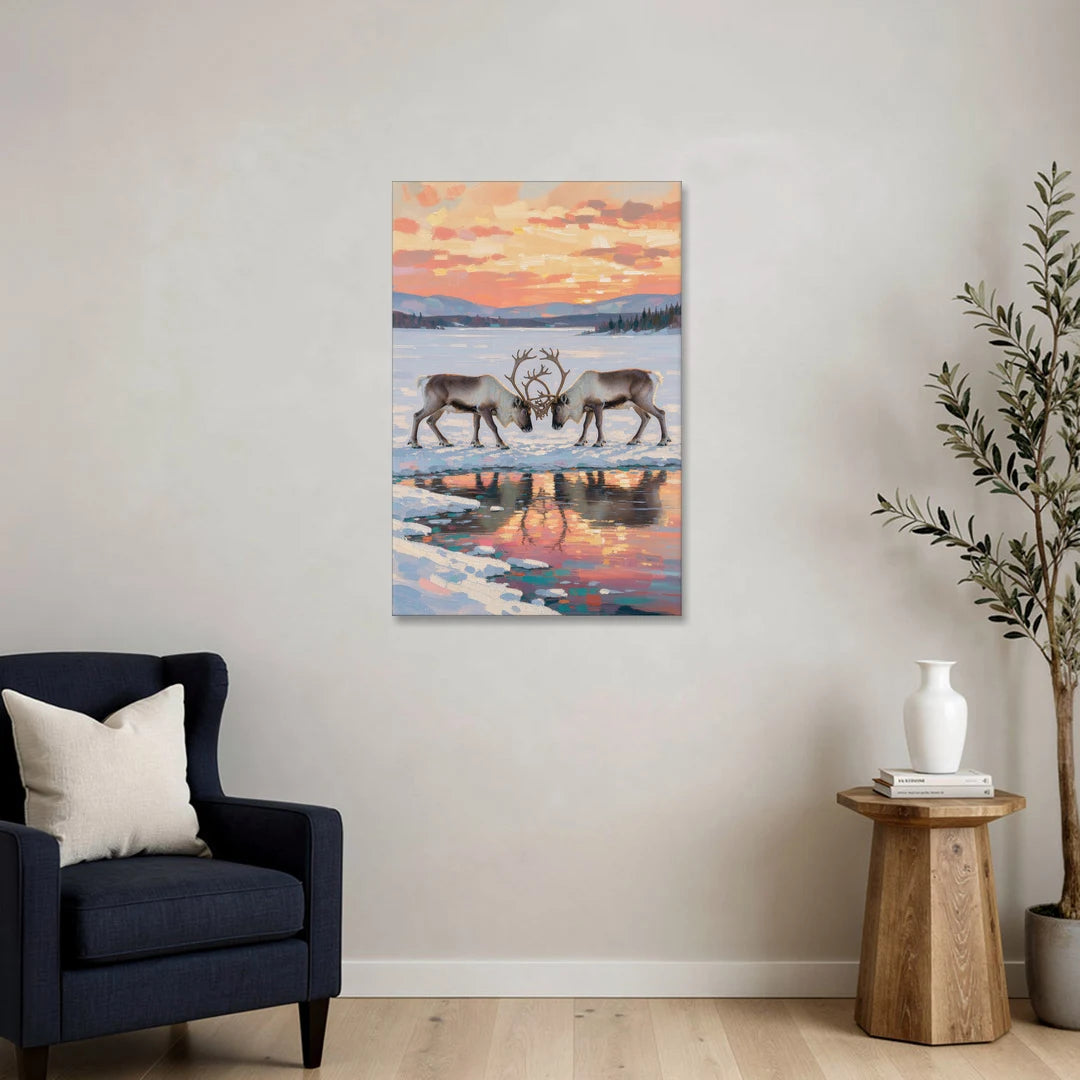 Winter Animal Painting of Sparring Reindeer - Canvas Wall Art - Sofa - 24x36