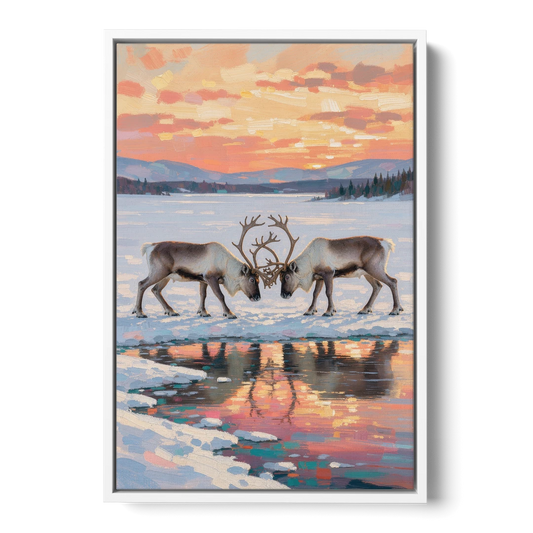 Winter Animal Painting of Sparring Reindeer - White Framed Canvas Wall Art - Front