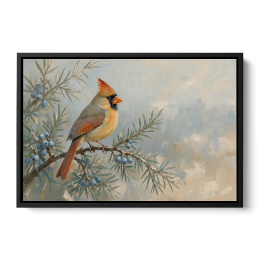 Winter Bird Painting with Juniper Berries - Black Framed Canvas Wall Art - Front