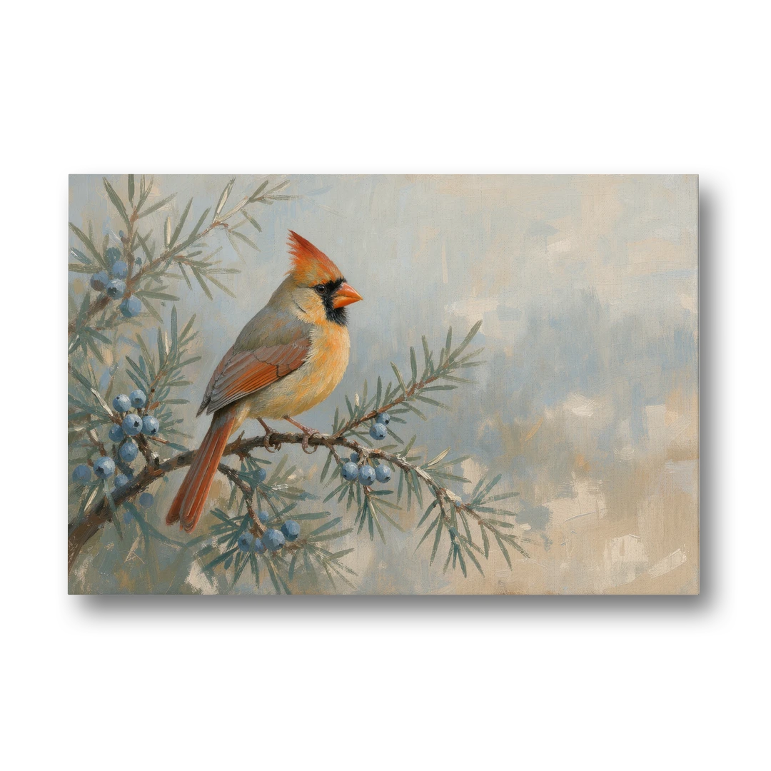 Winter Bird Painting with Juniper Berries - Canvas Wall Art - Front