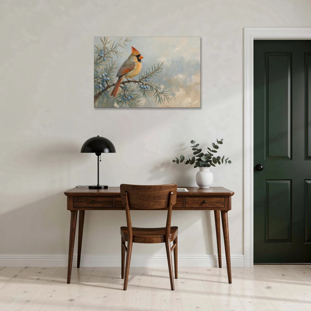 Winter Bird Painting with Juniper Berries - Canvas Wall Art - Office - 36x24