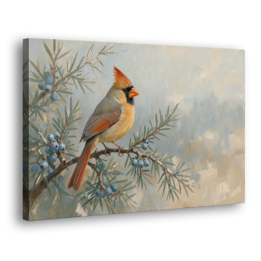 Winter Bird Painting with Juniper Berries - Canvas Wall Art - Side