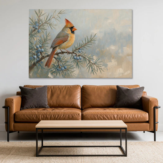 Winter Bird Painting with Juniper Berries - Canvas Wall Art - Sofa - 60x40