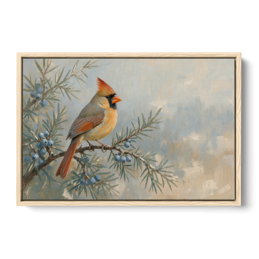 Winter Bird Painting with Juniper Berries - Oak Framed Canvas Wall Art - Front