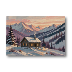 Winter Cabin Painting at Dusk - Canvas Wall Art - Front