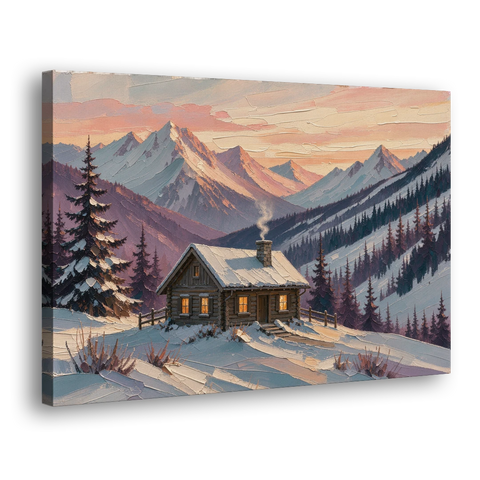 Winter Cabin Painting at Dusk - Canvas Wall Art - Side