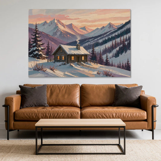 Winter Cabin Painting at Dusk - Canvas Wall Art - Sofa - 60x40