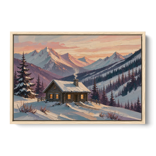 Winter Cabin Painting at Dusk - Oak Framed Canvas Wall Art - Front