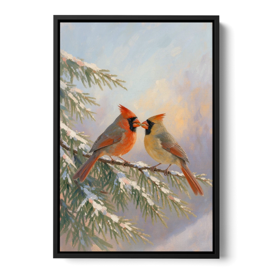 Winter Cardinal Pair Sharing a Seed - Black Framed Canvas Wall Art - Front