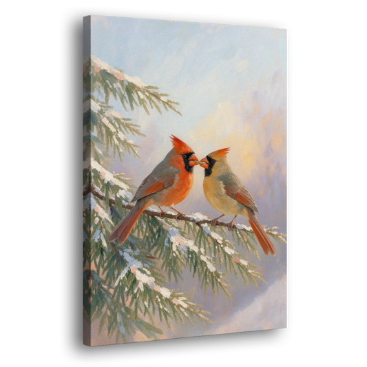 Winter Cardinal Pair Sharing a Seed - Canvas Wall Art - Side