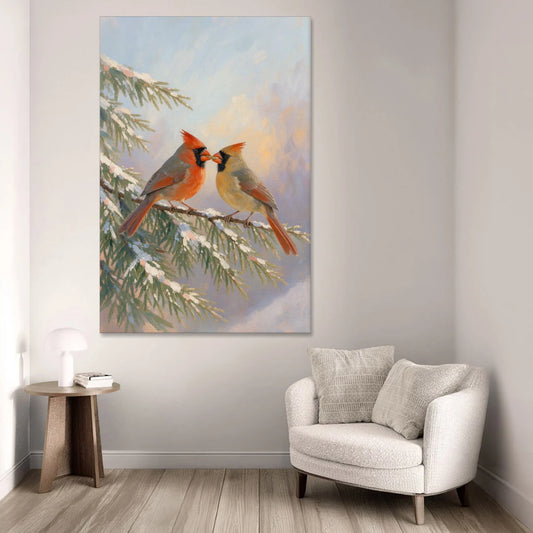 Winter Cardinal Pair Sharing a Seed - Canvas Wall Art - Sofa - 40x60