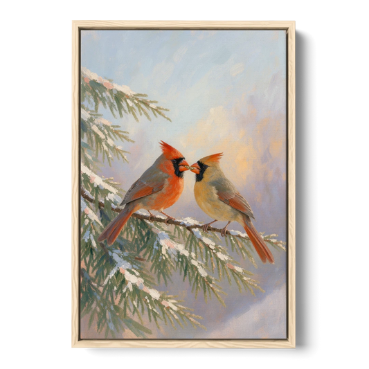 Winter Cardinal Pair Sharing a Seed - Oak Framed Canvas Wall Art - Front