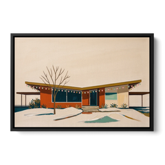 Winter Christmas Painting of a Butterfly Roof Ranch - Black Framed Canvas Wall Art - Front