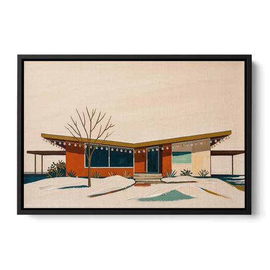 Winter Christmas Painting of a Butterfly Roof Ranch - Black Framed Canvas Wall Art - Front