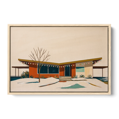 Winter Christmas Painting of a Butterfly Roof Ranch - Oak Framed Canvas Wall Art - Front