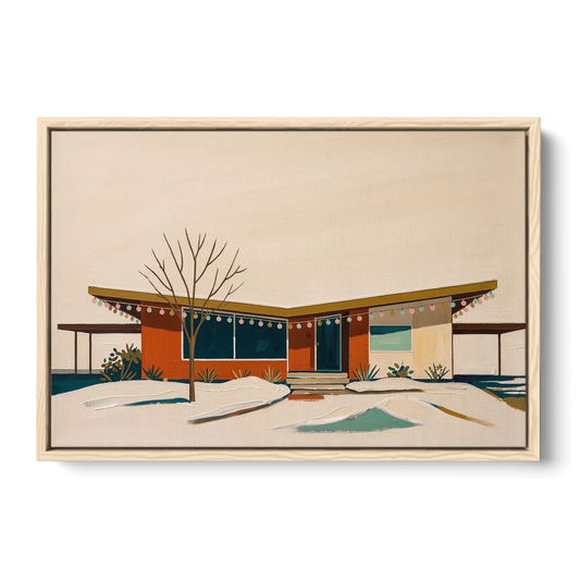 Winter Christmas Painting of a Butterfly Roof Ranch - Oak Framed Canvas Wall Art - Front