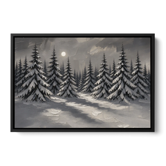 Winter Forest Painting Under a Full Moon - Black Framed Canvas Wall Art - Front