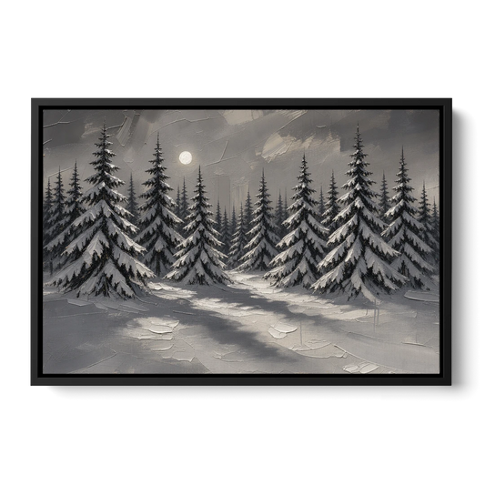 Winter Forest Painting Under a Full Moon - Black Framed Canvas Wall Art - Front