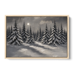 Winter Forest Painting Under a Full Moon - Oak Framed Canvas Wall Art - Front