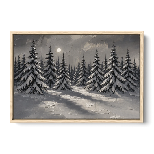 Winter Forest Painting Under a Full Moon - Oak Framed Canvas Wall Art - Front
