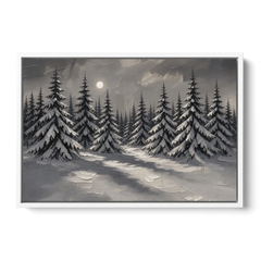 Winter Forest Painting Under a Full Moon - White Framed Canvas Wall Art - Front