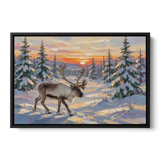 Winter Landscape Painting with a Lone Reindeer - Black Framed Canvas Wall Art - Front
