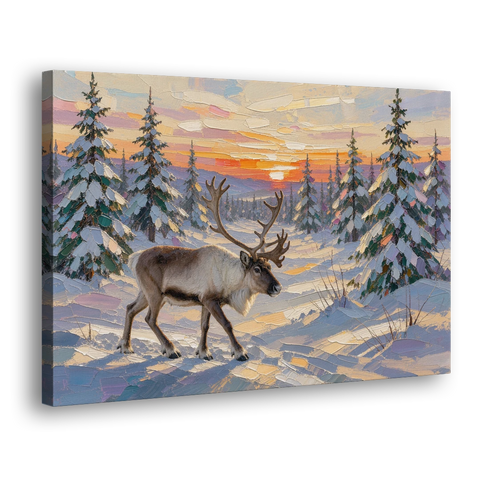Winter Landscape Painting with a Lone Reindeer - Canvas Wall Art - Side