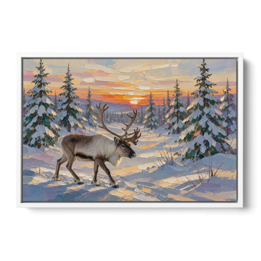 Winter Landscape Painting with a Lone Reindeer - White Framed Canvas Wall Art - Front