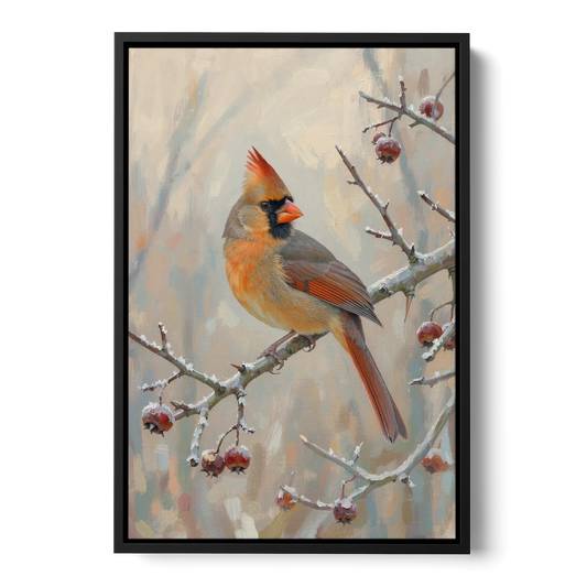 Winter Painting Canvas Cardinal on Frosted Hawthorn - Black Framed Canvas Wall Art - Front