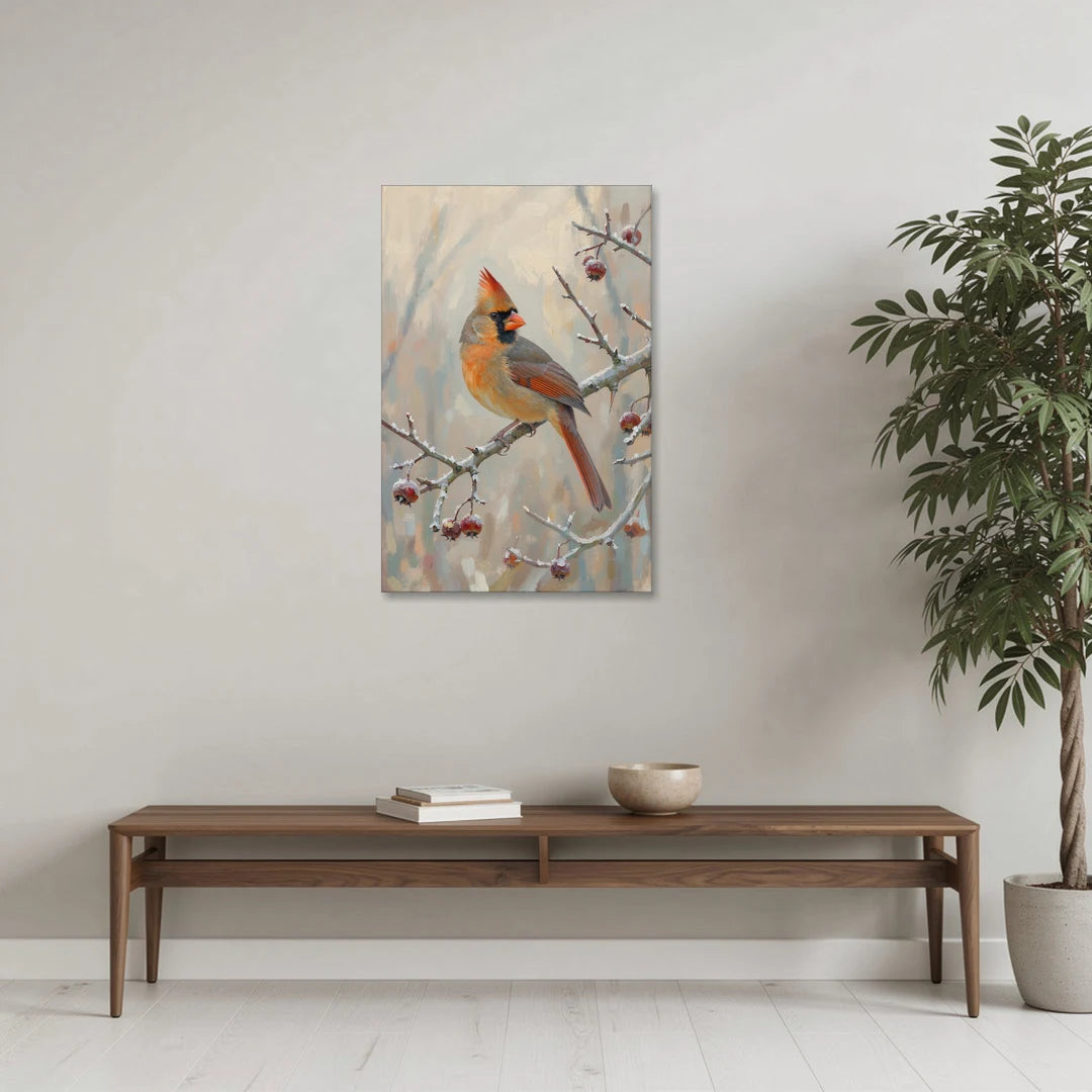 Winter Painting Canvas Cardinal on Frosted Hawthorn - Canvas Wall Art - Coffee Table - 24x36
