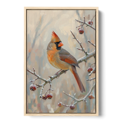 Winter Painting Canvas Cardinal on Frosted Hawthorn - Oak Framed Canvas Wall Art - Front