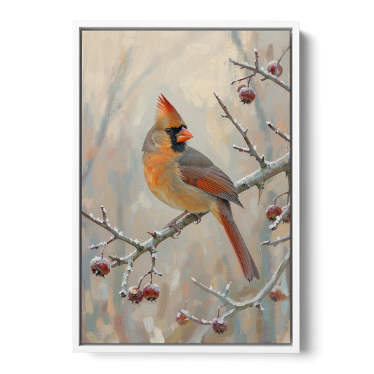 Winter Painting Canvas Cardinal on Frosted Hawthorn - White Framed Canvas Wall Art - Front